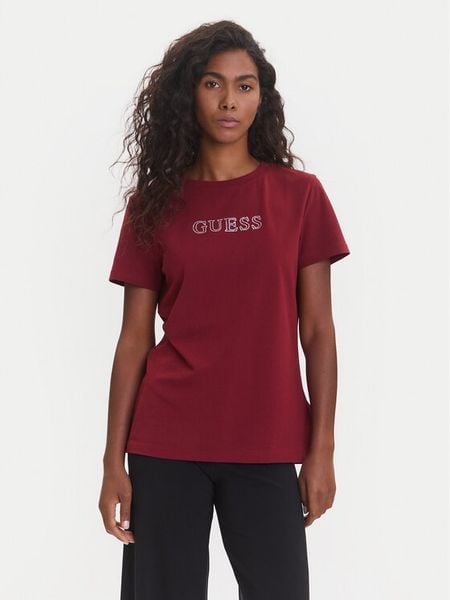 Guess T-Shirt V3BI11 J1314 Bordowy Regular Fit. Czerwone t-shirty Guess, s, z aplikacjami, z bawełny, bez kołnierzyka, bez ramiączek. Za 99,99 zł.