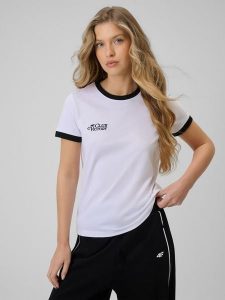 4F T-shirt regular z nadrukiem damski - biały XXL. Białe t-shirty 4f, uniwersalny, bez wzorów, z dzianiny, bez kołnierzyka, bez ramiączek. Za 59,99 zł.