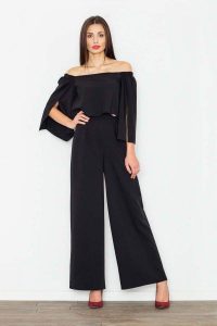 Czarny Elegancki Kombinezon 2w1 z Odkrytymi Ramionami. Czarne kombinezony Figl, l, bez wzorów, z materiału, eleganckie, bez kołnierzyka, bez ramiączek. Za 319,00 zł.