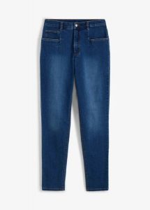 Jeansy mom ze stretchem, high waist. Niebieskie jeansy bonprix, bez wzorów, z jeansu, z podwyższonym stanem. Za 104,99 zł.
