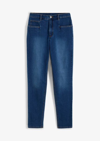 Jeansy mom ze stretchem, high waist. Niebieskie jeansy bonprix, bez wzorów, z jeansu, z podwyższonym stanem. Za 109,99 zł.