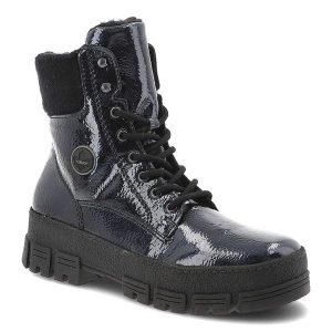 Niebieskie Botki Rieker Obuwie Damskie Na Solidnej Podeszwie. Niebieskie botki Rieker, na zimę, bez wzorów, z lakierowanej skóry, bez obcasa, na platformie, bez zapięcia. Za 399,00 zł.