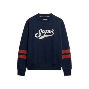 Damska bluza z dekoltem Superdry Varsity Script. Niebieskie bluzy Superdry, bez wzorów, bez kaptura. Za 327,70 zł.