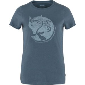 Koszulka turystyczna damska Fjallraven Arctic Fox Print T-shirt. Niebieskie bluzki Fjällräven, bez wzorów, bez ramiączek. Za 177,99 zł.