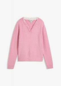 Sweter z koronkową wstawką. Czerwone swetry klasyczne bonprix, z koronki, bez kołnierzyka. Za 107,99 zł.