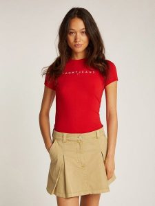 TOMMY JEANS Koszulka w kolorze czerwonym rozmiar: L. Czerwone bluzki Tommy Jeans, l, bez wzorów, z bawełny, bez kołnierzyka, bez ramiączek. Za 100,99 zł.