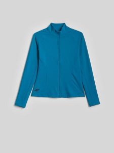 4F Bluza treningowa slim bez kaptura damska - turkusowa XS. Niebieskie bluzy 4f, l, bez wzorów, z materiału, bez kaptura. Za 179,99 zł.