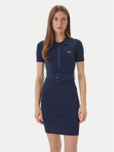 Guess Sukienka dzianinowa V6RK08 Z4642 Granatowy Slim Fit. Niebieskie kombinezony Guess, l, z aplikacjami, z dzianiny, bez kołnierzyka, bez ramiączek. Za 499,99 zł.