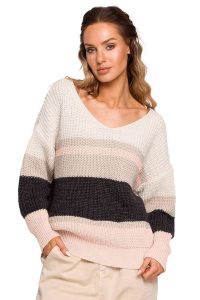 Kolorowy sweter w paski i z dekoltem w serek. Swetry klasyczne MOE, l, bez kołnierzyka. Za 239,00 zł.
