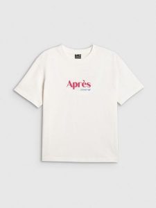 4F T-shirt boxy z nadrukiem damski - beżowy XS. Brązowe t-shirty 4f, xs, bez wzorów, z bawełny, bez kołnierzyka, bez ramiączek. Za 69,99 zł.
