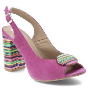 Sandały damskie Armodo, skórzane na wysokim obcasie z ozdobą i odkrytą piętą, fuksjowe, 1819. Czerwone sandały Armodo, z aplikacjami, z zamszu, bez obcasa, na obcasie, bez zapięcia. Za 299,00 zł.