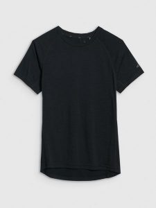 4F Koszulka trekkingowa z wełną merino damska - czarna XL. Czarne bluzki 4f, s, bez wzorów, z wełny, bez kołnierzyka, bez ramiączek. Za 199,99 zł.