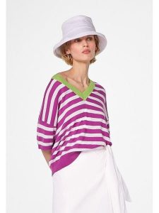 Rodier Koszulka w kolorze biało-fioletowym rozmiar: M. Białe bluzki Rodier, m, bez wzorów, klasyczne, bez kołnierzyka, bez ramiączek. Za 178,37 zł.