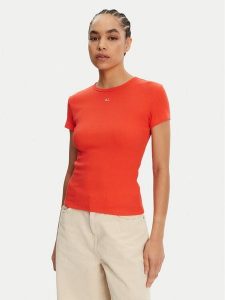 Tommy Jeans T-Shirt Essential DW0DW17383 Pomarańczowy Slim Fit. Brązowe t-shirty Tommy Jeans, xs, bez wzorów, z bawełny, bez kołnierzyka, bez ramiączek. Za 99,99 zł.