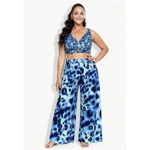 Damskie Spodnie palazzo zwierzęcy wzór szeroka nogawka elastyczny pas. Niebieskie rajstopy i pończochy Ulla Popken, bez wzorów, z materiału. Za 239,99 zł.