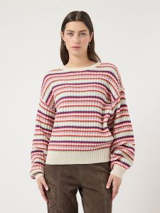 YAS Sweter "Boogie" w kolorze kremowym ze wzorem rozmiar: XL. Brązowe swetry oversize YAS, xl, bez wzorów, z bawełny, bez ramiączek. Za 146,28 zł.