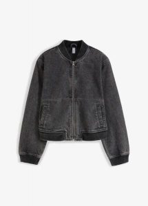Dżinsowa kurtka bomberka. Szare kurtki bonprix, bez wzorów, z denimu, bez kaptura. Za 169,99 zł.
