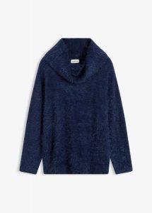 Sweter z golfem z miękkiej przędzy puchowej. Niebieskie swetry oversize bonprix, bez wzorów, z puchu, bez ramiączek. Za 109,99 zł.