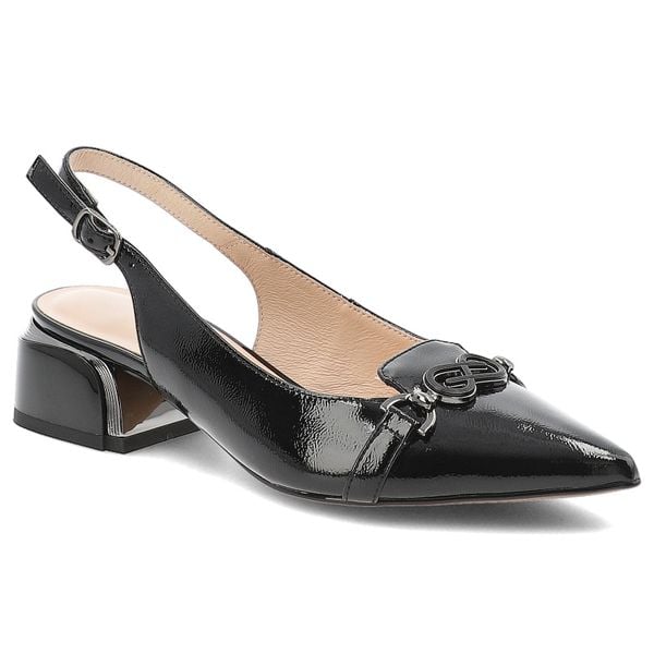 Sandały damskie S.Barski, z odkrytą piętą na stabilnym obcasie wykonane z lakierowanej skóry naturalnej z regulowanym paskiem i subtelną metalową ozd. Czarne sandały S.BARSKI, z aplikacjami, z lakierowanej skóry, ze szpiczastym noskiem, bez obcasa, na obcasie, bez zapięcia. Za 269,90 zł.