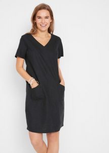 Sukienka z tkaniny z lnem, dł. do kolan. Czarne sukienki bonprix, bez wzorów, z tkaniny, bez kołnierzyka, bez ramiączek, midi. Za 137,99 zł.