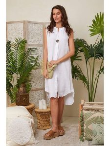 Lin Passion Lniana sukienka w kolorze białym rozmiar: 34/36. Białe sukienki Lin Passion, bez wzorów, ze lnu, klasyczne, bez kołnierzyka, bez ramiączek, midi. Za 173,99 zł.