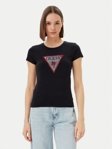 Guess T-Shirt E5GI08 J1314 Czarny Slim Fit. Czarne t-shirty Guess, xs, z aplikacjami, z bawełny, bez kołnierzyka, bez ramiączek. Za 99,99 zł.