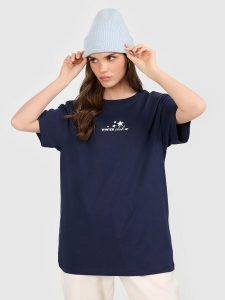 4F T-shirt oversize z nadrukiem damski - granatowy XS. Niebieskie t-shirty 4f, xs, bez wzorów, z dzianiny, bez kołnierzyka, bez ramiączek. Za 79,99 zł.