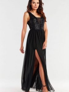Sukienka Model A486 Black - awama. Czarne sukienki Awama, na wesele, l, z aplikacjami, z elastanu, eleganckie, bez kołnierzyka, plus size, bez ramiączek, maxi. Za 610,80 zł.