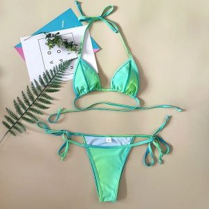 Bikini tie-dye plażowe z regulowanymi sznurkami Hwaja. Zielone bikini Intica, bez wzorów, z materiału. Za 129,00 zł.