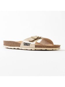 Sunbay Klapki "Jasmin" w kolorze złotym rozmiar: 36. Żółte klapki Sunbay, bez wzorów, ze skóry, z otwartym noskiem, bez obcasa. Za 169,95 zł.
