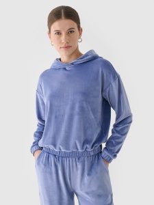 4F Bluza dresowa z weluru nierozpinana z kapturem damska - granatowa L. Niebieskie bluzy 4f, l, bez wzorów, z dresówki, z kapturem. W wyprzedaży za 59,99 zł.