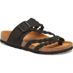 Comfortfusse Skórzane japonki w kolorze czarnym rozmiar: 39. Czarne klapki Comfortfüße, bez wzorów, z nubiku, z otwartym noskiem, bez obcasa. Za 260,99 zł.