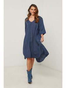 Fleur de Lin Sukienka w kolorze granatowym rozmiar: XL. Niebieskie sukienki Fleur de Lin, xl, bez wzorów, ze lnu, bez kołnierzyka, bez ramiączek, midi. Za 192,79 zł.