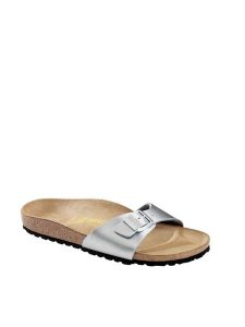 Birkenstock Klapki w kolorze srebrnym rozmiar: 36. Szare klapki Birkenstock, bez wzorów, z materiału, z otwartym noskiem, bez obcasa. Za 298,67 zł.