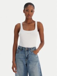 Calvin Klein Jeans Top Monologo Scoop Nk Rib LV047A804G Biały Slim Fit. Białe topy Calvin Klein Jeans, m, bez wzorów, z bawełny, bez kołnierzyka, bez ramiączek. Za 129,99 zł.