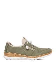 Rieker Półbuty N42G0-52 Zielony. Zielone półbuty Rieker, bez wzorów, z materiału, bez obcasa, na płaskiej podeszwie, bez zapięcia. Za 349,99 zł.