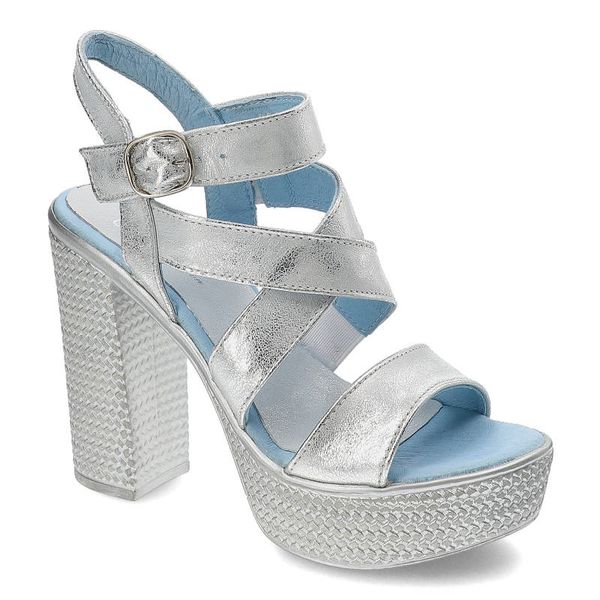 Sandały damskie Simen, na wysokim obcasie i stabilnej platformie, srebrne z kryształkami, 0783-Vs14-Krysztal-Srebro. Szare sandały Simen, bez wzorów, bez obcasa, na obcasie, bez zapięcia. Za 189,00 zł.