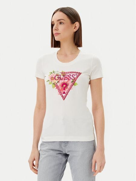 Guess T-Shirt W5GI10 J1314 Biały Slim Fit. Białe t-shirty Guess, xl, z aplikacjami, z bawełny, bez kołnierzyka, bez ramiączek. Za 109,99 zł.