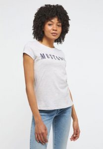 MUSTANG Alina C Logo Tee Damski T-shirt Koszulka Light Grey Melange 1013222 4141. Szare bluzki Mustang, xs, bez wzorów, bez kołnierzyka, bez ramiączek. Za 69,99 zł.