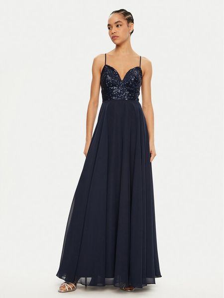 Swing Sukienka wieczorowa 5AI09500 Granatowy Regular Fit. Niebieskie kombinezony Swing, bez wzorów, z syntetyku, wizytowe, bez kołnierzyka, bez ramiączek. Za 499,99 zł.