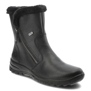 Czarne Botki Rieker Ciepłe Obuwie Damskie. Czarne botki Rieker, na zimę, bez wzorów, z futra, bez obcasa, bez zapięcia. Za 349,00 zł.