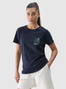 4F T-shirt slim z nadrukiem damski - granatowy XS. Niebieskie t-shirty 4f, xs, bez wzorów, z bawełny, bez kołnierzyka, bez ramiączek. W wyprzedaży za 29,99 zł.