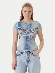 Guess T-Shirt W6RI52 KCCG0 Niebieski Regular Fit. Niebieskie t-shirty Guess, l, z aplikacjami, z syntetyku, bez kołnierzyka, bez ramiączek. Za 199,99 zł.