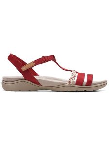 Clarks Skórzane sandały "Amanda Tealite" w kolorze czerwonym rozmiar: 37. Czerwone sandały Clarks, bez wzorów, z nubiku, z otwartym noskiem, bez obcasa, bez zapięcia. Za 180,06 zł.