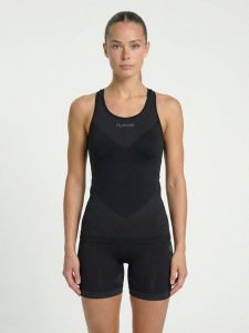 Damski tank top Hummel First Seamless. Czarne topy Hummel, uniwersalny, bez wzorów, z dzianiny, eleganckie, bez kołnierzyka, bez ramiączek. Za 138,00 zł.