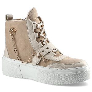 Beżowe Sneakersy Carinii Damskie Buty Jesienne. Brązowe botki Carinii, z jeansu, bez obcasa, na obcasie, bez zapięcia. Za 289,00 zł.