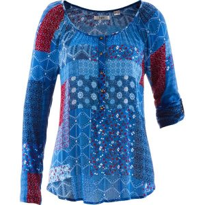 Tunika kreszowana, długi rękaw. Niebieskie tuniki bonprix, bez wzorów, bez kołnierzyka, bez ramiączek. Za 114,99 zł.