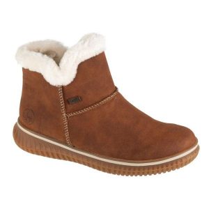 Buty Rieker Booties 74260-25 brązowe. Brązowe botki na zimę, bez wzorów, ze skóry, bez obcasa, na platformie, bez zapięcia. Za 447,33 zł.