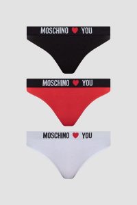 MOSCHINO Damskie stringi trzypak, Rozmiar M. Komplety bielizny MOSCHINO, bez wzorów, z bawełny. W wyprzedaży za 289,99 zł.