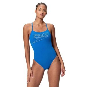Strój kąpielowy damski Speedo End+ Logo Thin Strap. Niebieskie stroje jednoczęściowe Speedo, bez wzorów, z tkaniny. Za 195,49 zł.